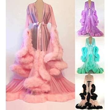QQBAIHUO Sexy Lingerie Women's Robe Nightgown Bathrobe Flared Sleeves Nightwear Feather Robe, Pink, M