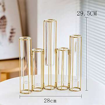 LACKINGONE 5 pcs Flower Vase, Metal Stand Decorative Glass Flower Vase, Metal Stand Hinged Bud Test Tubes Vases Display Set for Home Décor (5 Test Tubes)