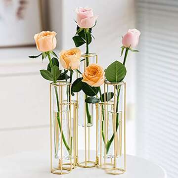 LACKINGONE 5 pcs Flower Vase, Metal Stand Decorative Glass Flower Vase, Metal Stand Hinged Bud Test Tubes Vases Display Set for Home Décor (5 Test Tubes)