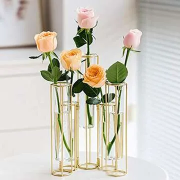 LACKINGONE 5 pcs Flower Vase, Metal Stand Decorative Glass Flower Vase, Metal Stand Hinged Bud Test Tubes Vases Display Set for Home Décor (5 Test Tubes)