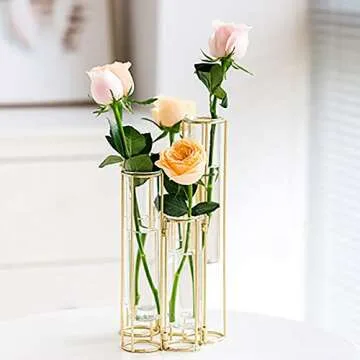 LACKINGONE 5 pcs Flower Vase, Metal Stand Decorative Glass Flower Vase, Metal Stand Hinged Bud Test Tubes Vases Display Set for Home Décor (5 Test Tubes)