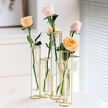 LACKINGONE 5 pcs Flower Vase, Metal Stand Decorative Glass Flower Vase, Metal Stand Hinged Bud Test Tubes Vases Display Set for Home Décor (5 Test Tubes)