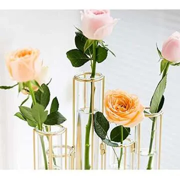 LACKINGONE 5 pcs Flower Vase, Metal Stand Decorative Glass Flower Vase, Metal Stand Hinged Bud Test Tubes Vases Display Set for Home Décor (5 Test Tubes)