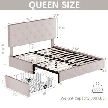 Fluest Queen Bed Frame with Headboard Storage, Upholstered Platform with Adjustable Headboard, Wooden Slats, No Box Spring Needed, Easy Assembly, Mattress Foundation - Beige