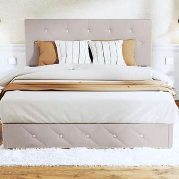 Fluest Queen Bed Frame with Headboard Storage, Upholstered Platform with Adjustable Headboard, Wooden Slats, No Box Spring Needed, Easy Assembly, Mattress Foundation - Beige