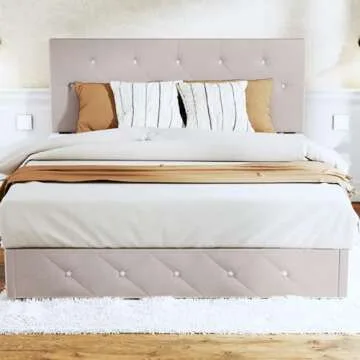 Fluest Queen Bed Frame with Headboard Storage, Upholstered Platform with Adjustable Headboard, Wooden Slats, No Box Spring Needed, Easy Assembly, Mattress Foundation - Beige