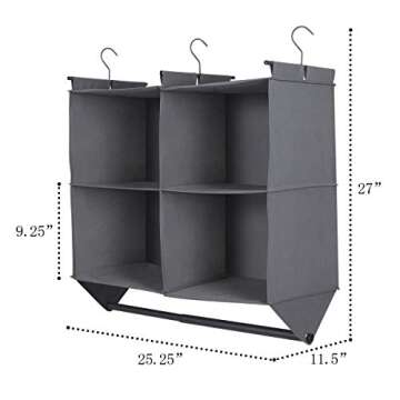 MAX Houser 2-Shelf Hanging Closet Organizer, 4 Section Hanging Closet Organizer with Garment Rod, Collapsible Storage Shelves with 3 Metal Hooks (Grey)