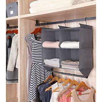 MAX Houser 2-Shelf Hanging Closet Organizer, 4 Section Hanging Closet Organizer with Garment Rod, Collapsible Storage Shelves with 3 Metal Hooks (Grey)