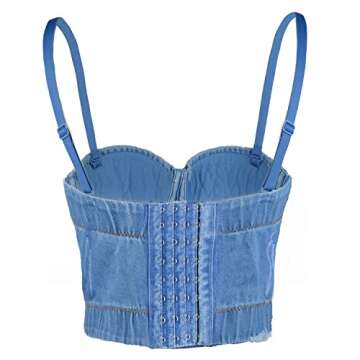 ELLACCI Women's Tassel Rhinestone Denim Bustier Crop Top Jean Corset Top Bra Blue Medium