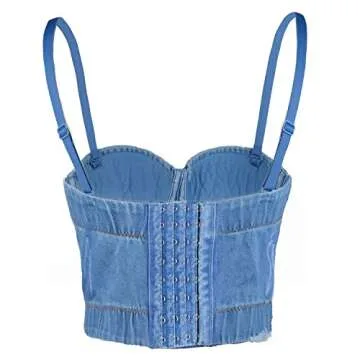 ELLACCI Women's Tassel Rhinestone Denim Bustier Crop Top Jean Corset Top Bra Blue Medium