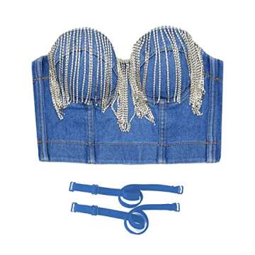 ELLACCI Women's Tassel Rhinestone Denim Bustier Crop Top Jean Corset Top Bra Blue Medium