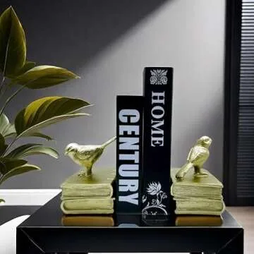 Home Decorative Gold Birds & Books Vintage Design Resin Bookshelf Bookends,Paper Weights, Book Ends,Bookend Supports, Book Stoppers, Set of 2