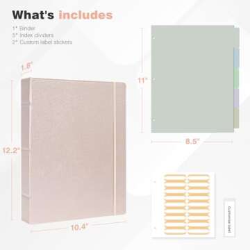 Ospelelf Vintage Hardcover 3 Ring 1 inch Leather Binder, Professional Binder Organizer Suitable for Letter Size, Binder Dividers with Tabs, Faux Rose Gold Leather
