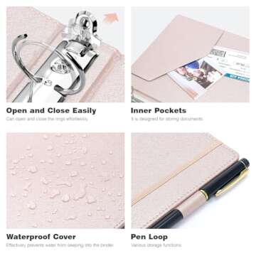 Ospelelf Vintage Hardcover 3 Ring 1 inch Leather Binder, Professional Binder Organizer Suitable for Letter Size, Binder Dividers with Tabs, Faux Rose Gold Leather