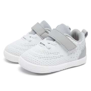 MORENDL Toddler Sneakers Baby Boys & Girls Barefoot Shoes Lightweight Breathable Walking Running Tennis Athletic Sport Shoes White Gray 12-15 Months Size 5