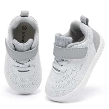MORENDL Toddler Sneakers Baby Boys & Girls Barefoot Shoes Lightweight Breathable Walking Running Tennis Athletic Sport Shoes White Gray 12-15 Months Size 5
