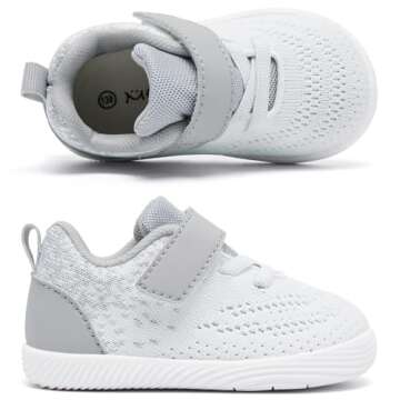 MORENDL Toddler Sneakers Baby Boys & Girls Barefoot Shoes Lightweight Breathable Walking Running Tennis Athletic Sport Shoes White Gray 12-15 Months Size 5