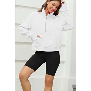 Womens Sweatshirts Half Zipper Crop Pullover Funnel Neck Fleece Lined Zip Up Long Sleeve Tops Thumb Hole White