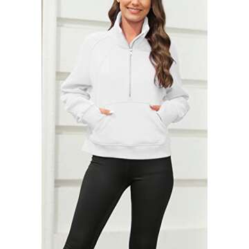 Womens Sweatshirts Half Zipper Crop Pullover Funnel Neck Fleece Lined Zip Up Long Sleeve Tops Thumb Hole White