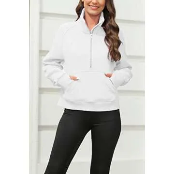 Womens Sweatshirts Half Zipper Crop Pullover Funnel Neck Fleece Lined Zip Up Long Sleeve Tops Thumb Hole White