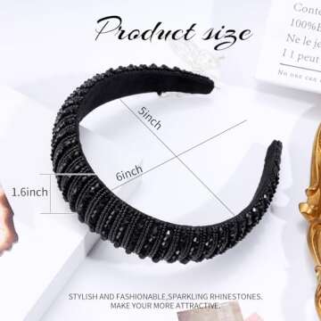 OAOLEER Velvet Padded Diamond Rhinestone Big Headband for Women Black Crystal Embellished Hair Hoop Races Goth Wedding Headpiece Fashion Hair Accessory Suit for Wedding,Party,and Daily Life