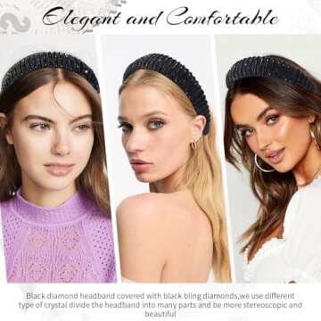 OAOLEER Velvet Padded Diamond Rhinestone Big Headband for Women Black Crystal Embellished Hair Hoop Races Goth Wedding Headpiece Fashion Hair Accessory Suit for Wedding,Party,and Daily Life