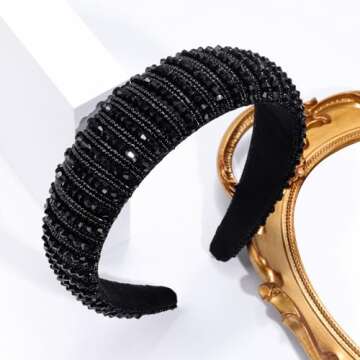 OAOLEER Velvet Padded Diamond Rhinestone Big Headband for Women Black Crystal Embellished Hair Hoop Races Goth Wedding Headpiece Fashion Hair Accessory Suit for Wedding,Party,and Daily Life