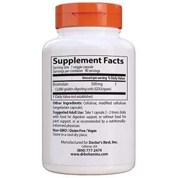 Doctor's Best 3000 GDU Bromelain Proteolytic Digestive Enzymes Supplements, Supports Healthy Digestion, Joint Health, Nutrient Absorption, 500 mg,Capsule, 90 Count(Pack of 1)