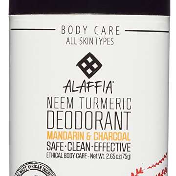 Alaffia - Neem Turmeric Activated Charcoal Deodorant, Odor Protection and Support from Shea Butter and Aloe Vera, Fair Trade, No Aluminum, No Parabens, Mandarin Ginger, 2.65 Ounces