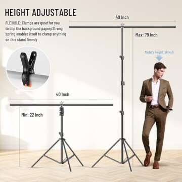 T Shape Backdrop Stand Kit 3.3 * 6.6 FT, Adjustable Background Support Stand Kit with 2 Spring Clamps for Parties, Wedding, Photography, Decoration, BEIYANG
