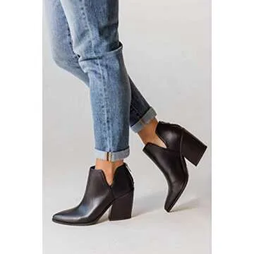 FISACE Womens Pointed Toe Stacked Mid Heel Ankle Boots with V Cut Zipper
