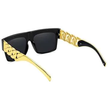 MEETSUN Oversized Sunglasses For Women Men 80s 90s Hip Hop sunglasses Rapper Metal Chain Arm Design UV400 Protection (Black/Grey)