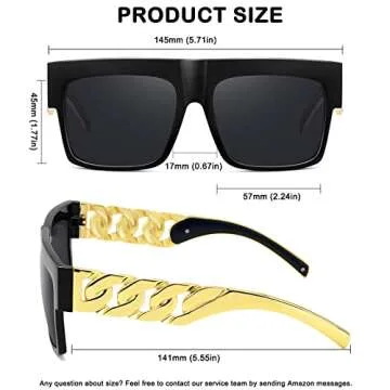 MEETSUN Oversized Sunglasses For Women Men 80s 90s Hip Hop sunglasses Rapper Metal Chain Arm Design UV400 Protection (Black/Grey)