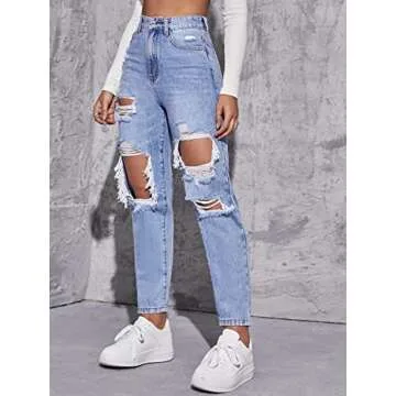 MakeMeChic Women's High Waist Straight Leg Ripped Jeans Distressed Denim Pants Light Wash L