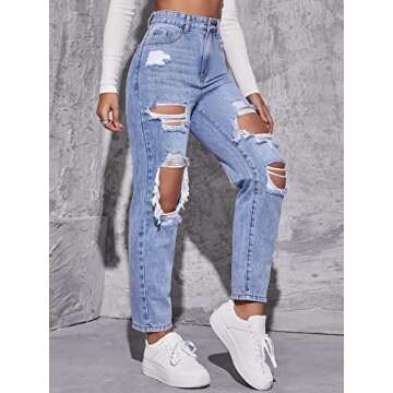 MakeMeChic Women's High Waist Straight Leg Ripped Jeans Distressed Denim Pants Light Wash L