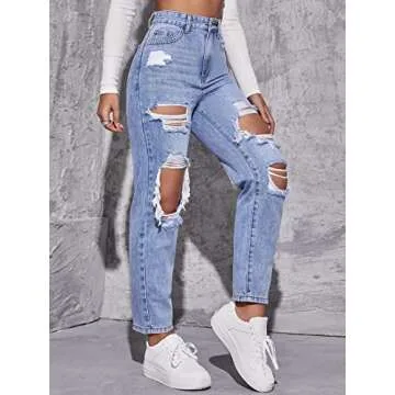 MakeMeChic Women's High Waist Straight Leg Ripped Jeans Distressed Denim Pants Light Wash L