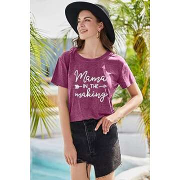 Mama in The Making Pregnancy Announcement T-Shirt Women Letter Print Short Sleeve Tops Tee (Large, Purple)
