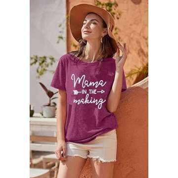Mama in The Making Pregnancy Announcement T-Shirt Women Letter Print Short Sleeve Tops Tee (Large, Purple)