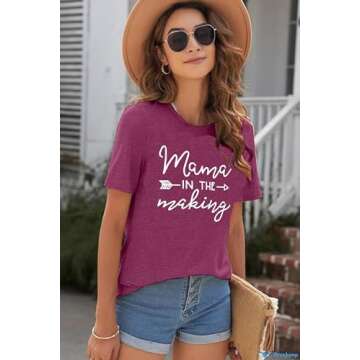 Mama in The Making Pregnancy Announcement T-Shirt Women Letter Print Short Sleeve Tops Tee (Large, Purple)