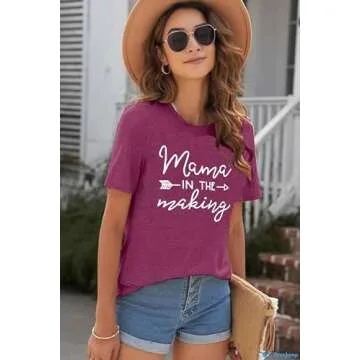 Mama in The Making Pregnancy Announcement T-Shirt Women Letter Print Short Sleeve Tops Tee (Large, Purple)