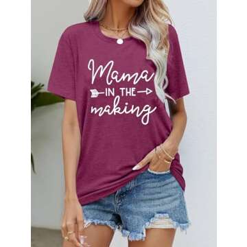 Mama in The Making Pregnancy Announcement T-Shirt Women Letter Print Short Sleeve Tops Tee (Large, Purple)
