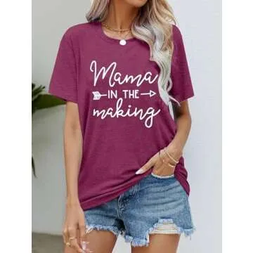 Mama in The Making Pregnancy Announcement T-Shirt Women Letter Print Short Sleeve Tops Tee (Large, Purple)
