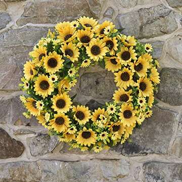 SHELTERION Sunflower Wreath 19.5” (50cm) Summer Decor Sunflower Wreaths for Front Door Outside Spring Décor Summer Decorations for Home Sunflower Party Decorations Yellow Wreath Farmhouse Décor