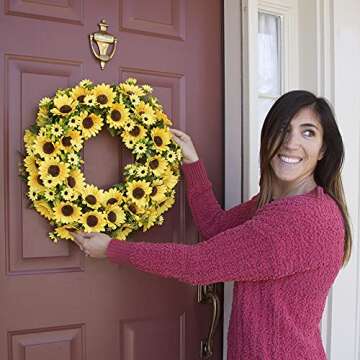 SHELTERION Sunflower Wreath 19.5” (50cm) Summer Decor Sunflower Wreaths for Front Door Outside Spring Décor Summer Decorations for Home Sunflower Party Decorations Yellow Wreath Farmhouse Décor