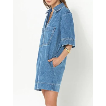 Fisoew Denim Shirt Dress Casual Mini V Neck with Pockets