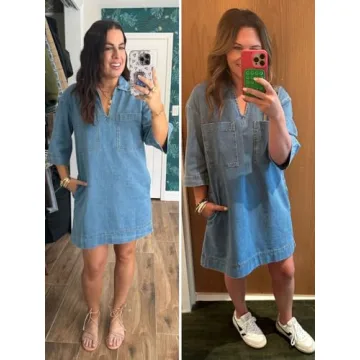 Fisoew Denim Shirt Dress Casual Mini V Neck with Pockets