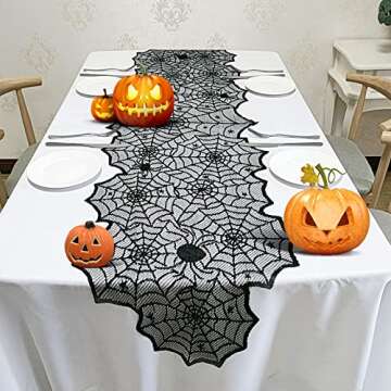Halloween Table Runner - Black Lace Spider Web Table Runners for Halloween Decor,Vivid Polyester Spider Web Table Runner for Halloween Masquerade Party Dinner Table Decoration 18 X 72 Inch