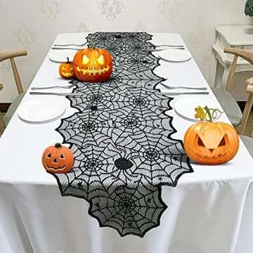 Halloween Table Runner - Black Lace Spider Web Table Runners for Halloween Decor,Vivid Polyester Spider Web Table Runner for Halloween Masquerade Party Dinner Table Decoration 18 X 72 Inch
