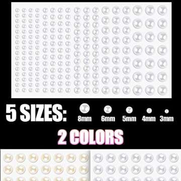 1182 Pcs Pearl Stickers for Hair Face Craft, 3/4/5/6/8mm White+Beige Pearls Self Adhesive Face Gems,...