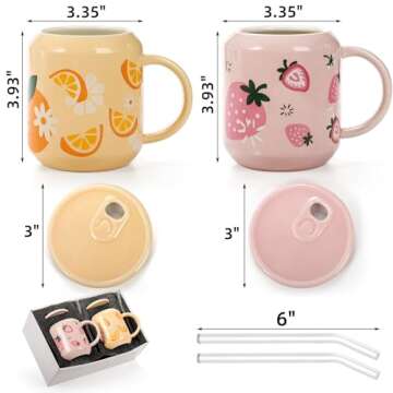 Noamus 2 Pack Cute Ceramic Mugs with Lid and Straw, 13 Oz Fruits Pattern Coffee Cup with Handle, Han...